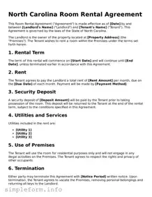 Attorney-Verified  Room Rental Agreement Form for North Carolina