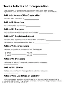 Attorney-Verified  Articles of Incorporation Form for Texas