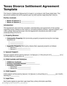 Attorney-Verified  Divorce Settlement Agreement Form for Texas