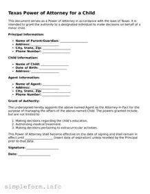 Attorney-Verified  Power of Attorney for a Child Form for Texas