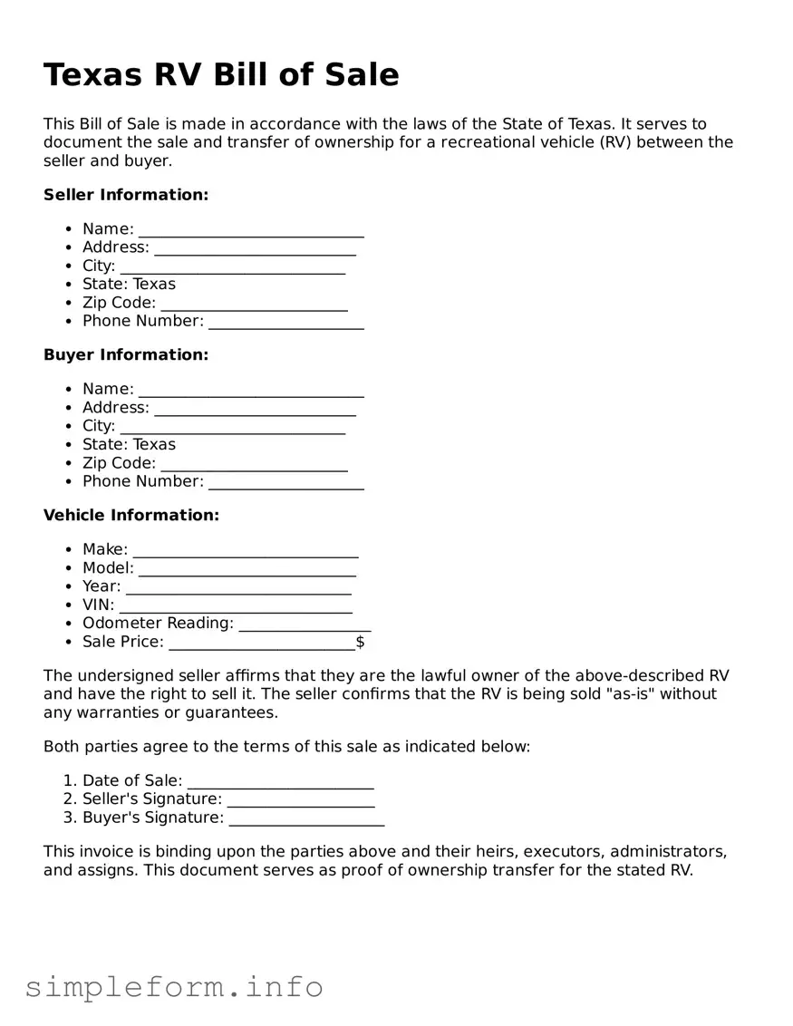 Attorney-Verified  RV Bill of Sale Form for Texas