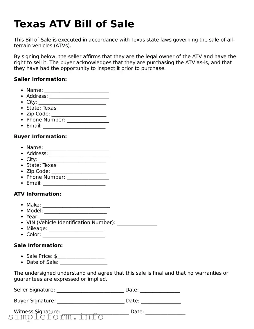 Attorney-Verified  ATV Bill of Sale Form for Texas