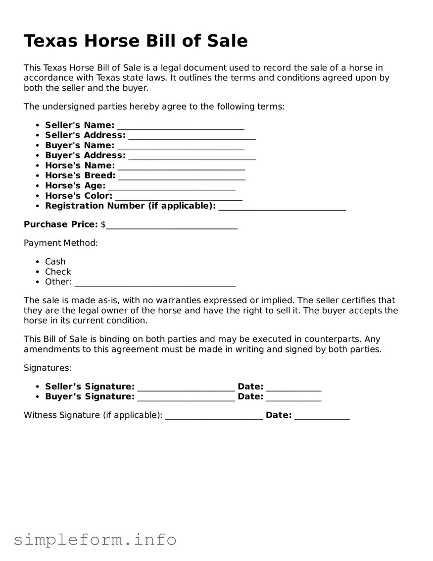 Attorney-Verified  Horse Bill of Sale Form for Texas