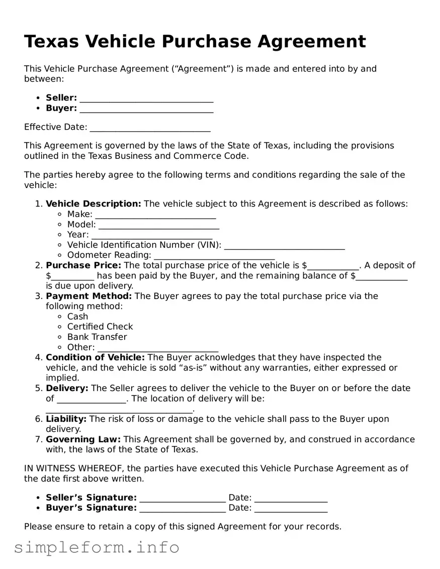 Attorney-Verified  Vehicle Purchase Agreement Form for Texas
