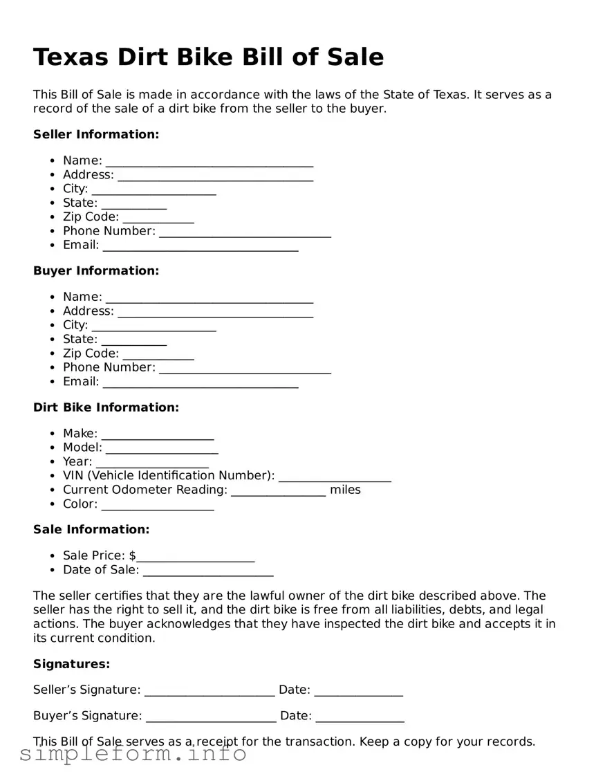 Attorney-Verified  Dirt Bike Bill of Sale Form for Texas