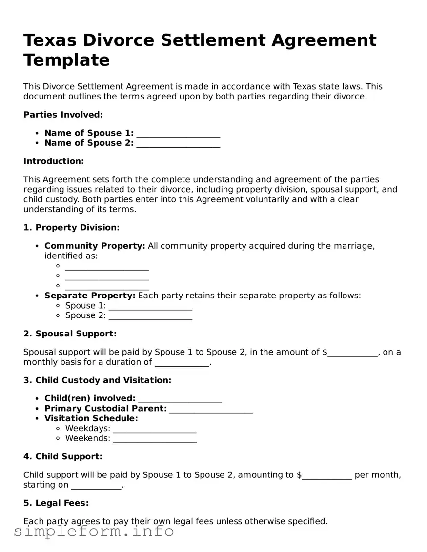 Attorney-Verified  Divorce Settlement Agreement Form for Texas