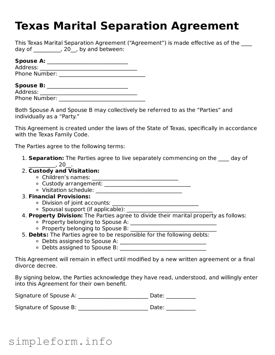 Attorney-Verified  Marital Separation Agreement Form for Texas