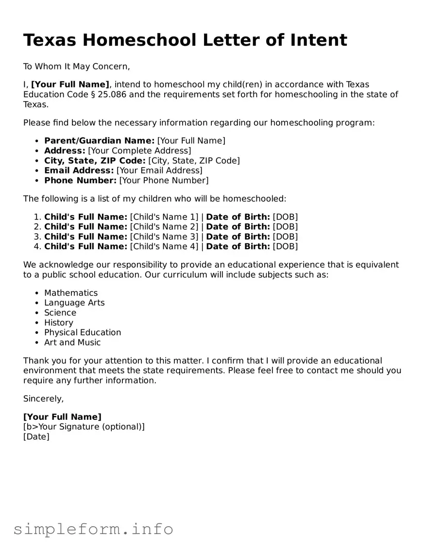 Attorney-Verified  Homeschool Letter of Intent Form for Texas