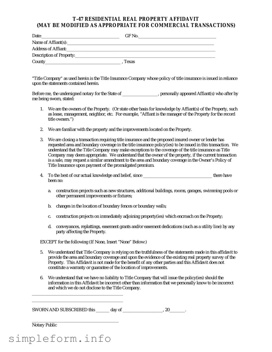 Fill Out a Valid Texas residential property affidavit T-47 Form