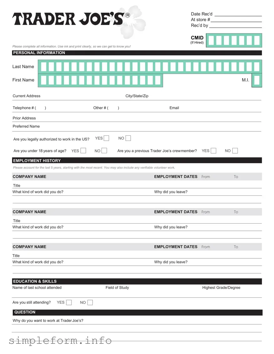 Fill Out a Valid Trader Joe's application Form